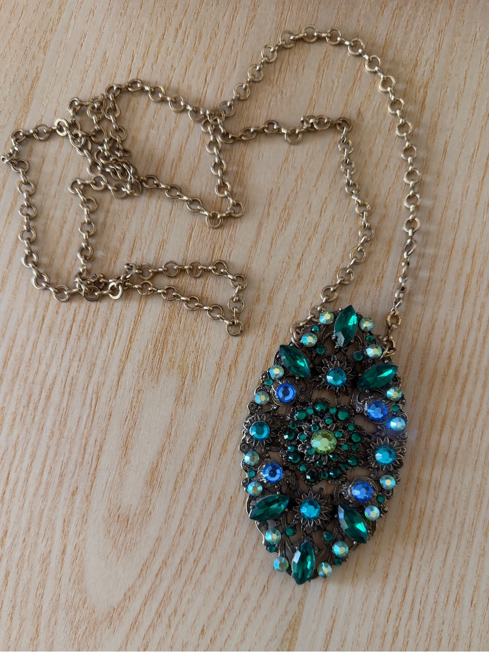 Gold Chain Necklace with Green and Blue Crystal Pendant